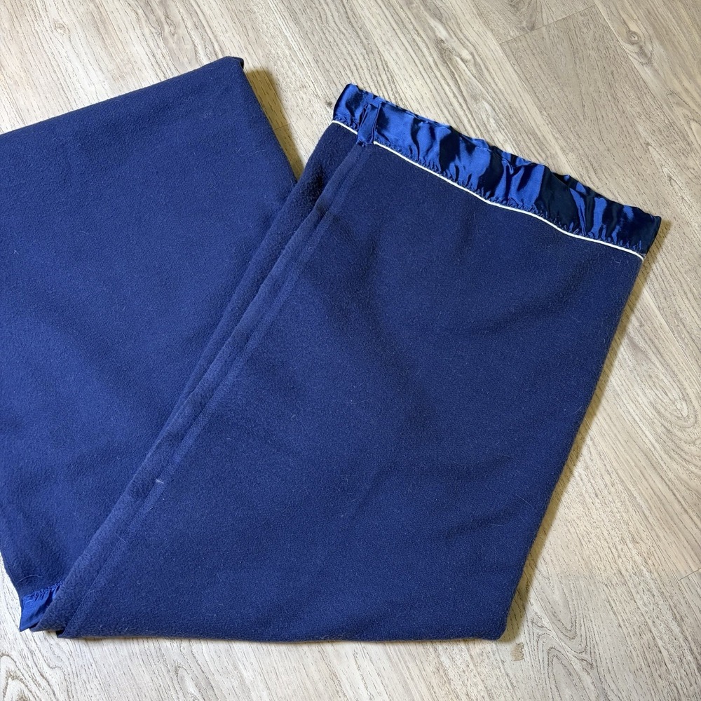 Vintage 80s Acrylic Blanket Full Double Blue Satin Trim Made in USA 87x78